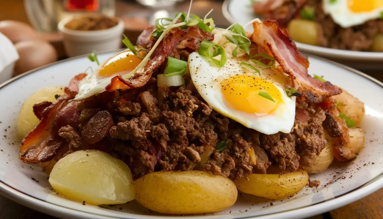 Hearty American Breakfast Hash Plate 2 Hearty hash with ground beef, crispy beef bacon, fried egg, and potatoes.