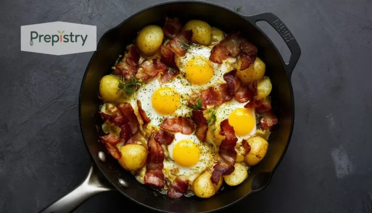Breakfast skillet with eggs, bacon, and potatoes in a black pan.