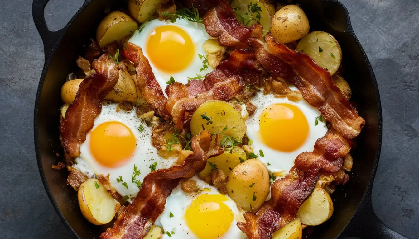 Hearty Bacon Potato Morning Skillet 2 A hearty skillet breakfast with eggs, bacon, and roasted potatoes.