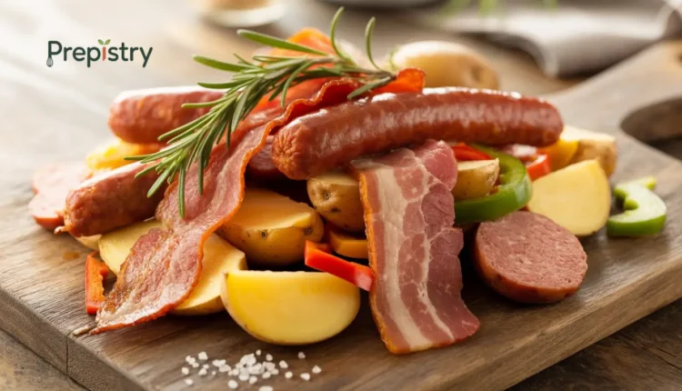 Hearty breakfast featuring sausage, beef bacon, potatoes, and peppers on a wooden board.