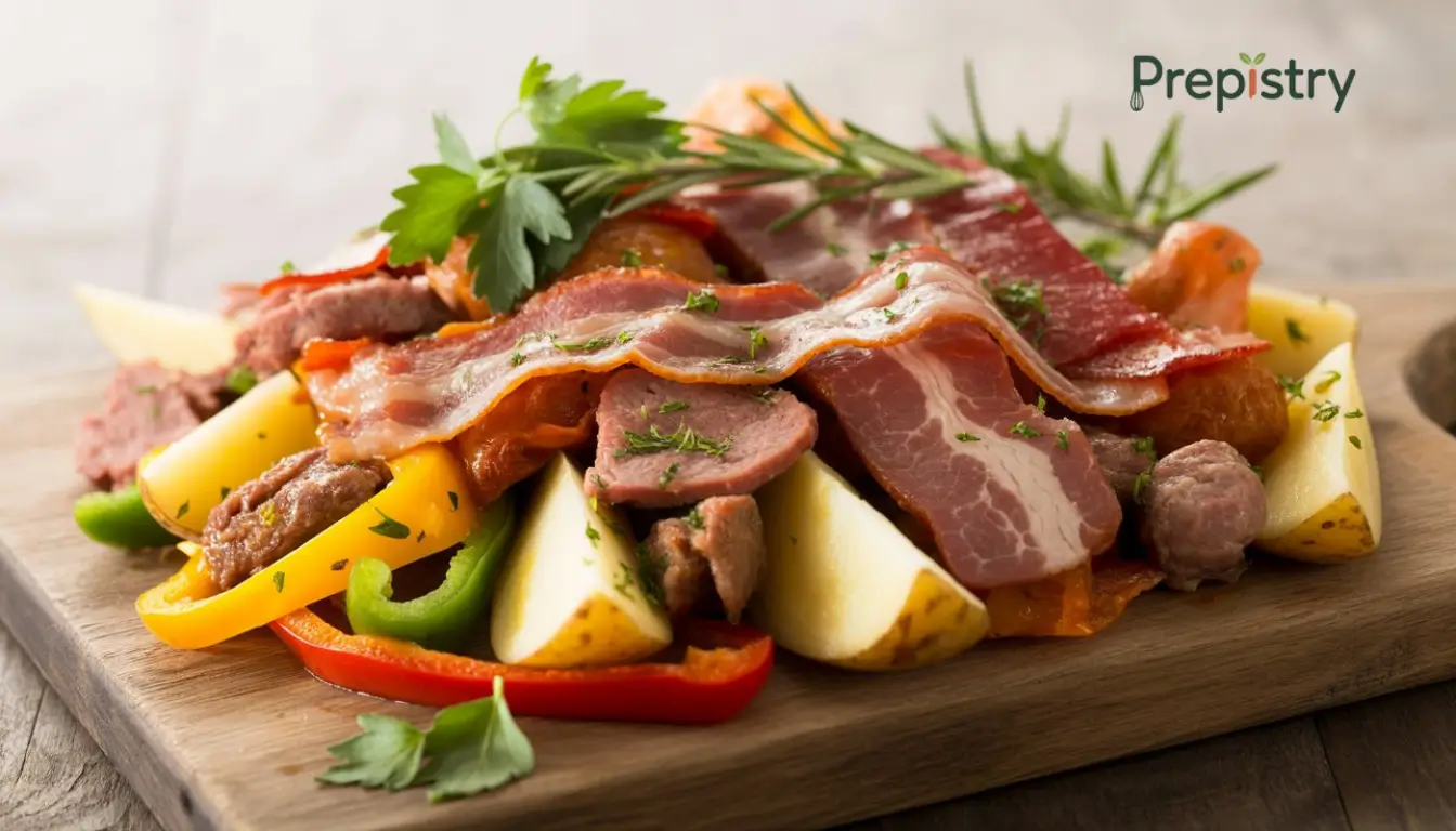 A hearty breakfast of beef bacon, sausage, peppers, and roasted potatoes on a wooden board.