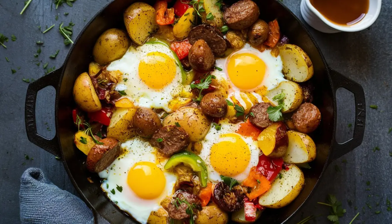 Hearty Cast Iron Breakfast Medley 2 Cast iron skillet with vibrant vegetables, sausage, and sunny-side-up eggs.