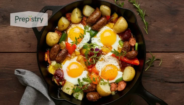 Cast iron skillet with sausage, colorful vegetables, and eggs, garnished with herbs.