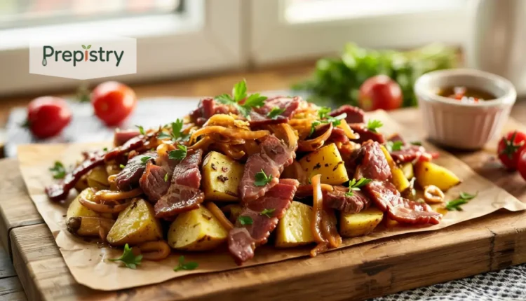 Beef bacon potato hash served with parsley and onions on a wooden cutting board.