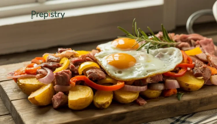 Hearty farmhouse hash with eggs, potatoes, peppers, and meat in a skillet.