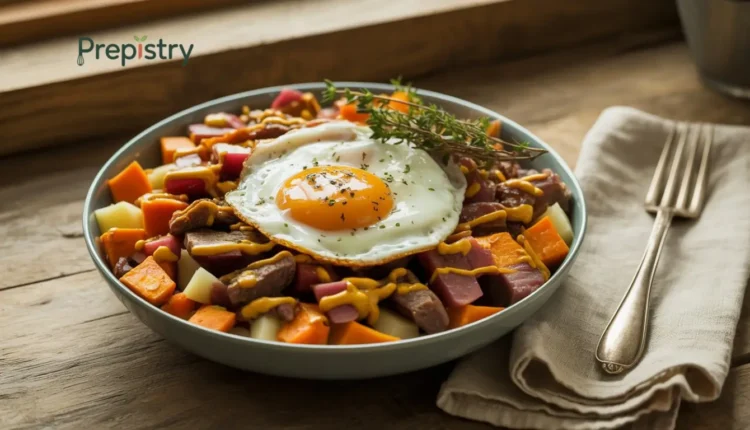 Breakfast bowl with sweet potatoes, sausage, a fried egg, and mustard drizzle.