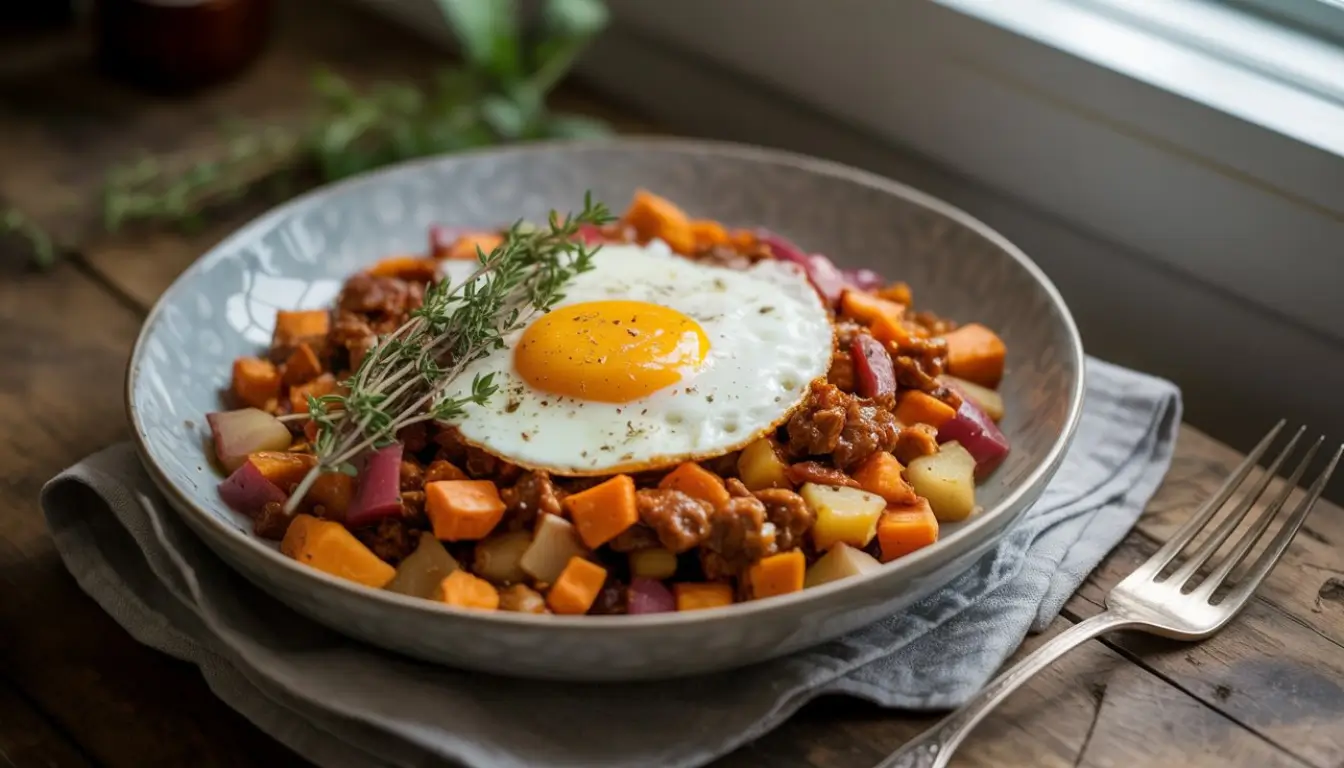 Hearty Meat Hash Breakfast Bowl 2 A flavorful breakfast bowl with sweet potatoes, sausage, and a fried egg.