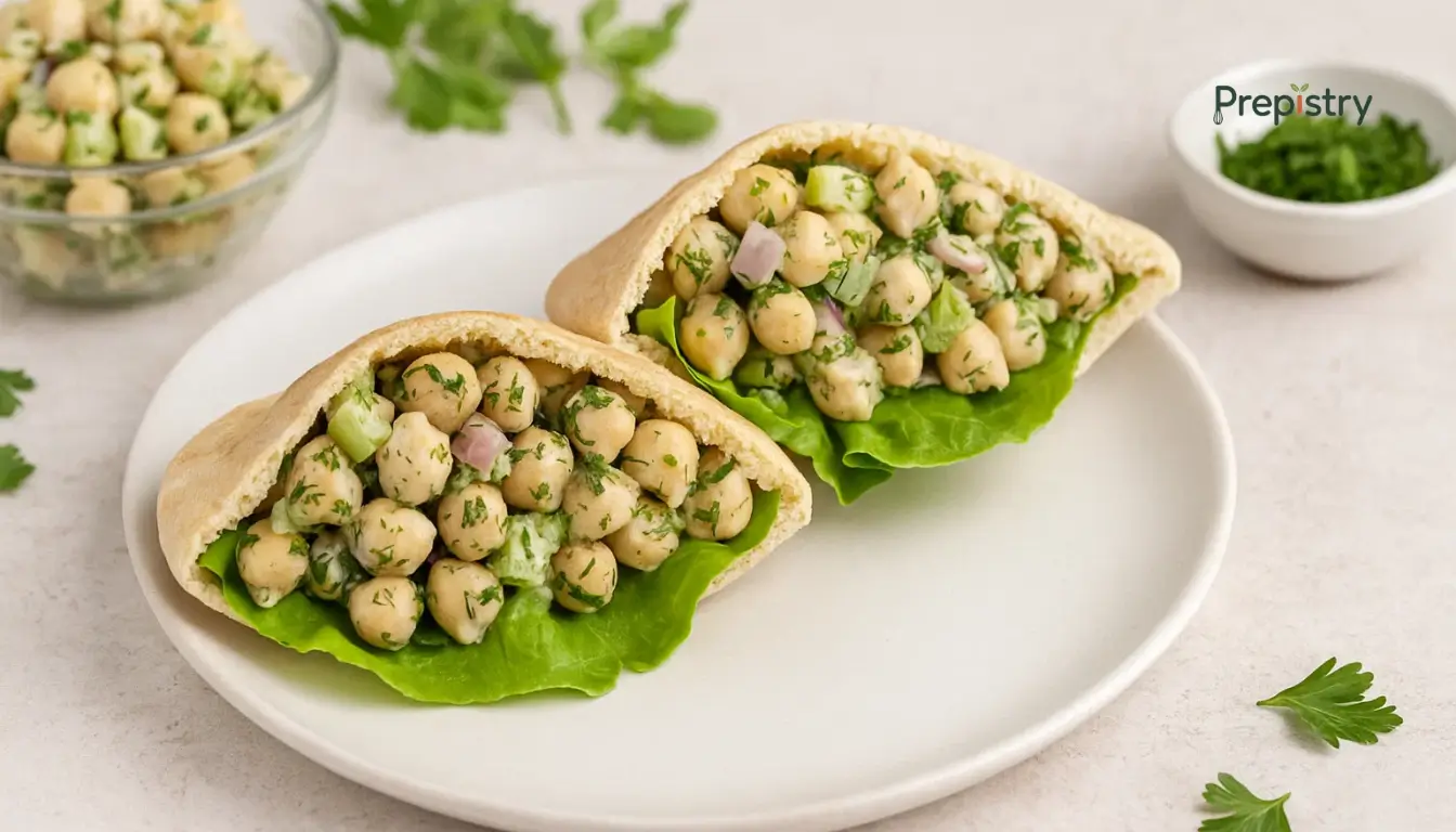 Herbed Chickpea Salad Pita Pockets Fluffy pita halves filled with creamy herbed chickpea salad and lettuce on a white plate