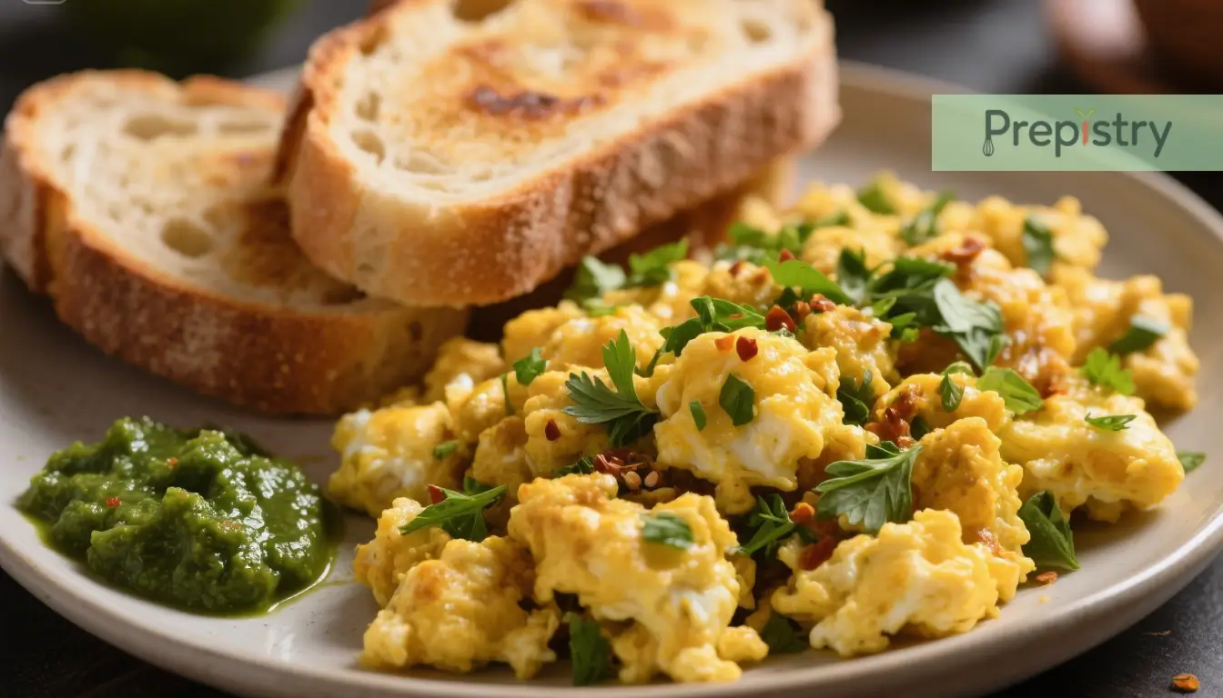 Herbed Egg Bhurji with Toasted Sourdough Scrambled herbed eggs garnished with herbs, served with toasted sourdough and green chutney.