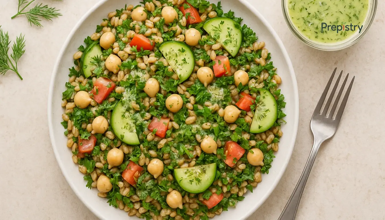 Herbed Farro and Chickpea Salad Herbed farro and chickpea salad with cucumber, tomato, and lemon-dill dressing on a white plate