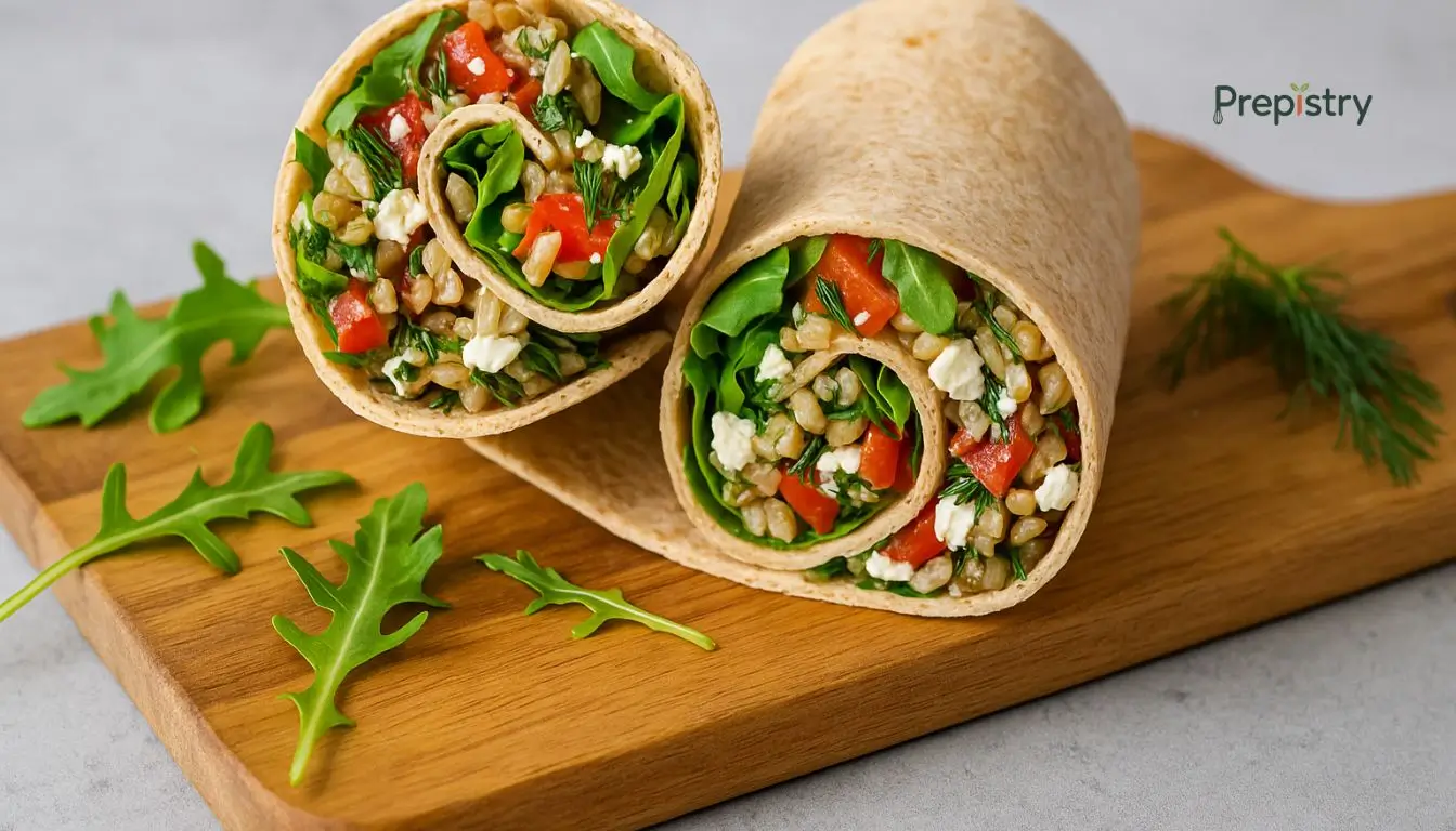Herbed Feta and Roasted Pepper Farro Salad Wraps Fresh herbed farro, roasted pepper, and feta wraps on a wooden cutting board