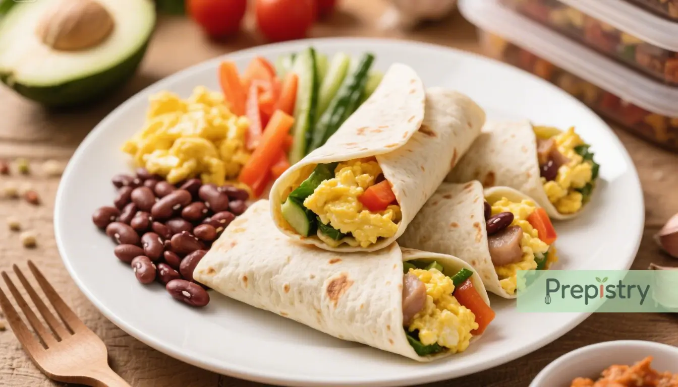 Healthy breakfast burritos filled with scrambled eggs, vegetables, and beans.
