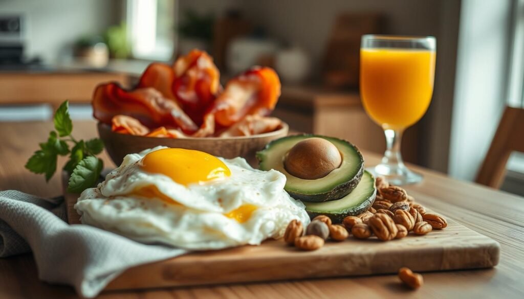 High-protein breakfast ingredients arranged artfully on a wooden table in a cozy, minimal kitchen. Crisp bacon, fluffy scrambled eggs, sliced avocado, and roasted nuts in soft, natural lighting that highlights the textures and colors. A glass of fresh orange juice adds a vibrant pop. The scene conveys a sense of nourishment and recovery, suitable for an active lifestyle. The composition is balanced and inviting, captured from a slightly elevated angle to showcase the array of protein-rich elements.