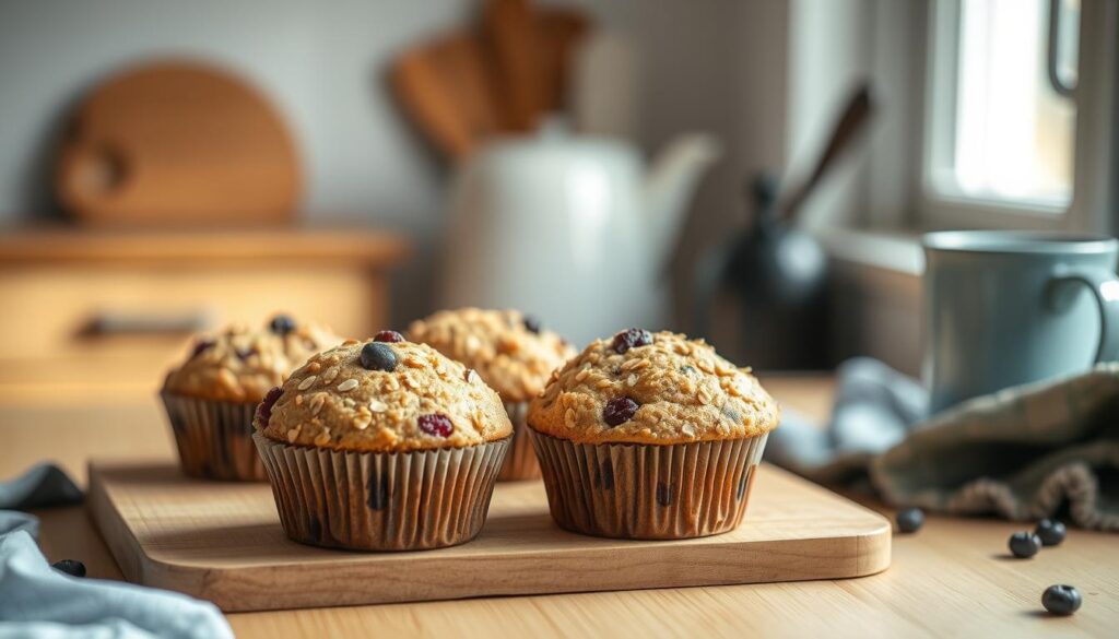 High protein muffins freshly baked, presented on a wooden cutting board in a cozy, minimal kitchen. The muffins have a golden-brown crumb, domed tops, and visible flecks of nutritious ingredients like oats, nuts, and berries. Soft, natural lighting filters through a nearby window, casting a warm glow on the scene. Subtle blue accents, such as a ceramic mug or kitchen towel, complement the wooden tones. The overall atmosphere is inviting and appetizing, showcasing the healthful, homemade nature of these protein-packed breakfast treats.