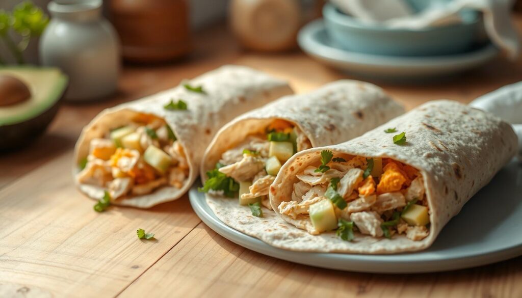 High-quality close-up photograph of freshly prepared breakfast protein wraps, laid out on a wooden table with a minimal, cozy kitchen setting. The wraps are filled with scrambled eggs, shredded chicken, diced avocado, and sprinkled with chopped parsley. Warm, natural lighting casts soft shadows, highlighting the textures of the whole wheat tortilla and the vibrant colors of the ingredients. A light blue ceramic plate and a simple white napkin complement the rustic, inviting atmosphere.