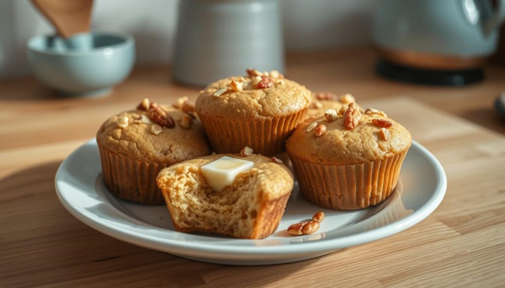 High-quality close-up shot of a plate of freshly baked keto breakfast muffins, arranged artfully with a light drizzle of melted butter and a sprinkling of chopped nuts on top. The muffins have a golden, evenly-baked exterior and are steaming slightly, indicating they were just removed from the oven. The lighting is soft and warm, creating a cozy, inviting atmosphere in a minimal kitchen setting with wooden textures and light blue accents. The camera angle is slightly elevated to showcase the delectable details of the muffins.