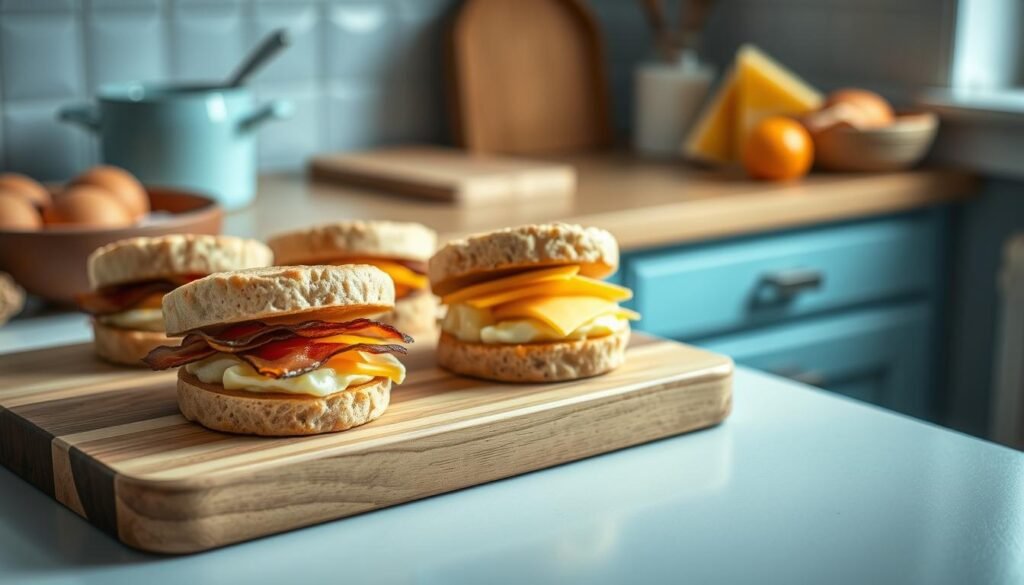 High quality, detailed photograph of a step-by-step preparation of several savory breakfast sandwich bites on a wooden cutting board in a cozy, minimalist kitchen with light blue accents. The sandwiches are composed of freshly baked whole grain English muffins, fluffy scrambled eggs, crispy turkey bacon, and a touch of melted cheddar cheese. Arrange the ingredients artfully, with a focus on the textures and colors. Use soft, natural lighting from a window to create a warm, appetizing atmosphere. Capture the scene from a slightly elevated angle to showcase the preparation process.