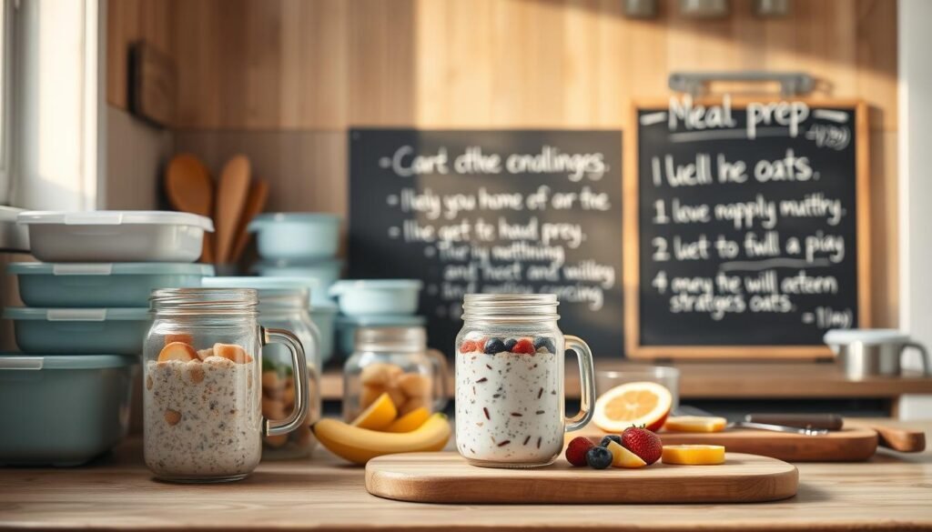 High-resolution image of a cozy, minimalist kitchen interior with wooden textures and light blue accents. The foreground features various meal prep containers, measuring cups, and cooking utensils arranged neatly on a wooden countertop. The middle ground showcases a clear glass jar filled with overnight oats, alongside a cutting board with sliced fresh fruits. In the background, a chalkboard wall displays handwritten meal prep tips and strategies in a modern, clean typography. Soft, natural lighting creates a warm, inviting atmosphere, highlighting the organization and efficiency of the meal prep setup.