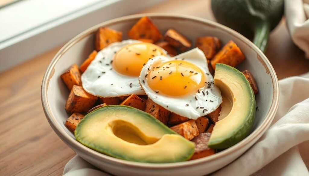 Image of a grain-free breakfast bowl with roasted sweet potatoes, eggs, and avocado