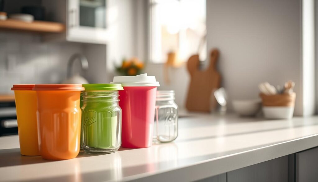 Image of plastic cups with lids and small mason jars on a kitchen counter
