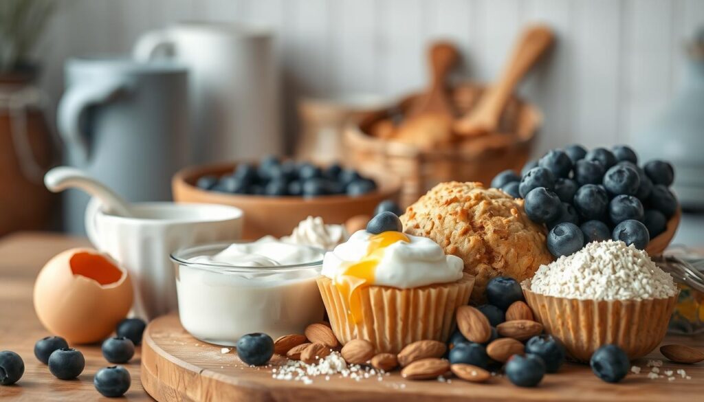 In a cozy, minimal kitchen environment with wooden textures and light blue accents, a bountiful array of protein-packed muffin ingredients is artfully arranged. Freshly cracked eggs, creamy yogurt, and a blend of high-protein flours nestle alongside plump blueberries, crunchy almonds, and a drizzle of honey. The soft, diffused lighting illuminates the rich, earthy tones of the natural ingredients, creating a warm and inviting atmosphere that beckons the viewer to indulge in the promise of a nourishing and delicious breakfast.