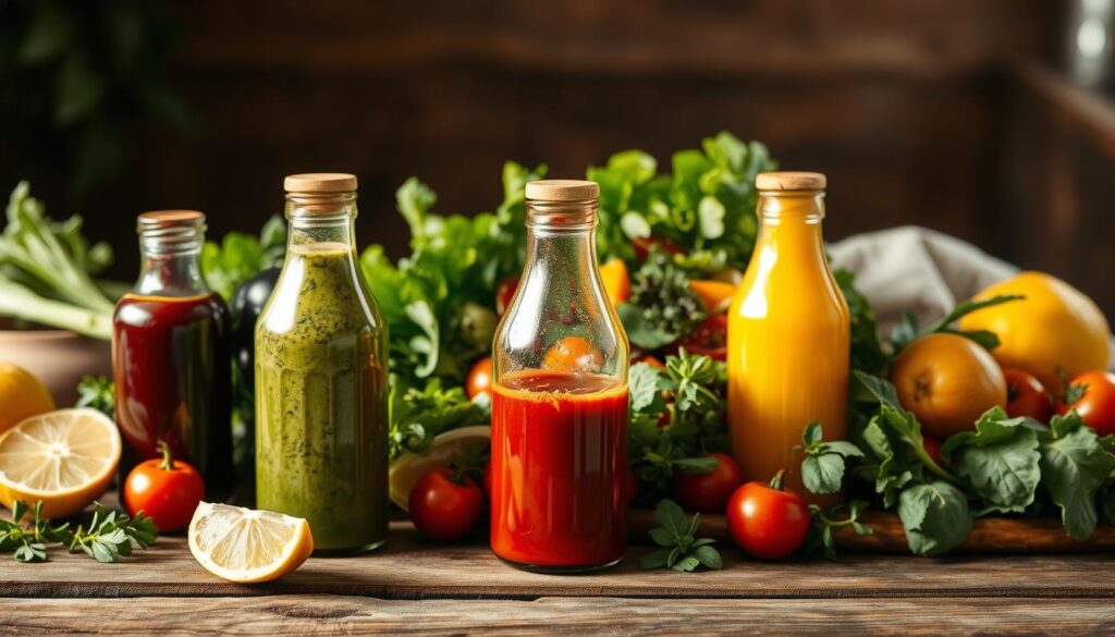 Innovative and vibrant salad dressings artfully arranged on a rustic wooden table, with fresh vegetables, herbs, and a touch of citrus. The dressings, in various hues of green, red, and yellow, are presented in sleek glass bottles, capturing the essence of natural, healthy flavors. The lighting is soft and diffused, creating a warm, inviting atmosphere that highlights the textures and colors of the ingredients. The composition emphasizes the intersection of functionality and aesthetics, conveying a sense of culinary creativity and experimentation.