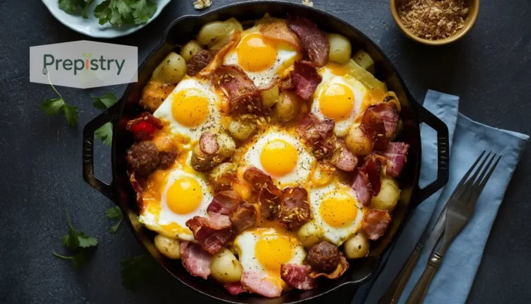 Delicious skillet with eggs, meat, sausage, and cheese over roasted potatoes.