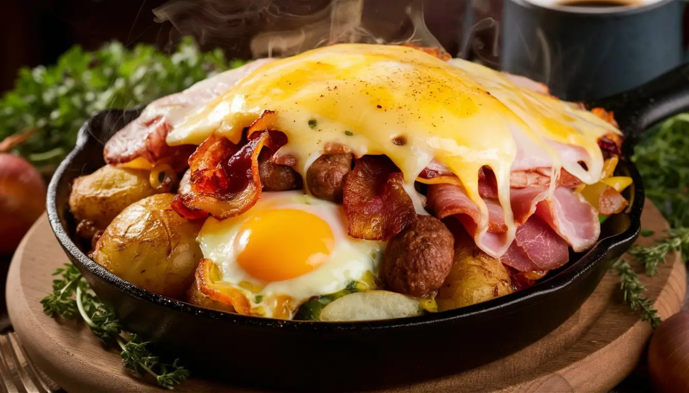 Savory skillet breakfast with eggs, meat, sausage, cheese, and roasted potatoes.