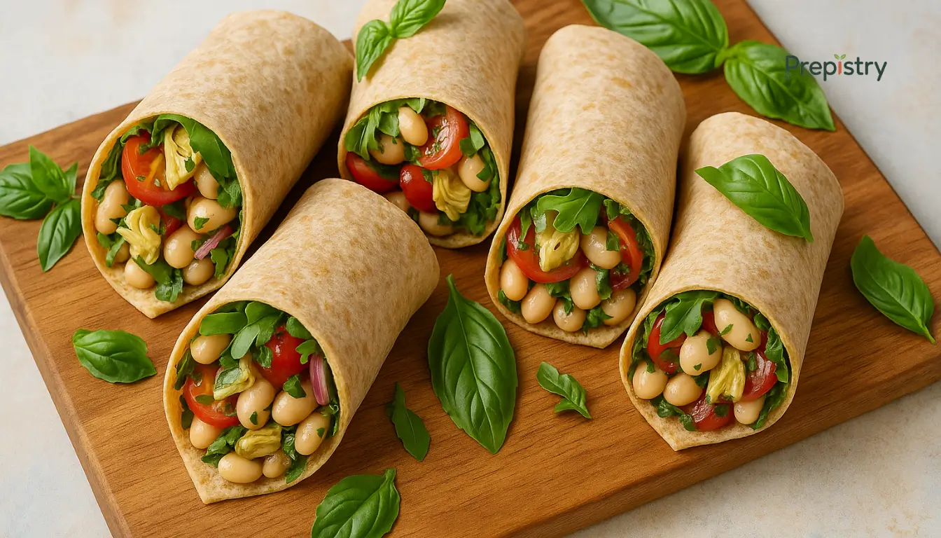 Italian White Bean and Artichoke Salad Wraps Italian white bean and artichoke salad wraps on a wooden board with fresh basil leaves