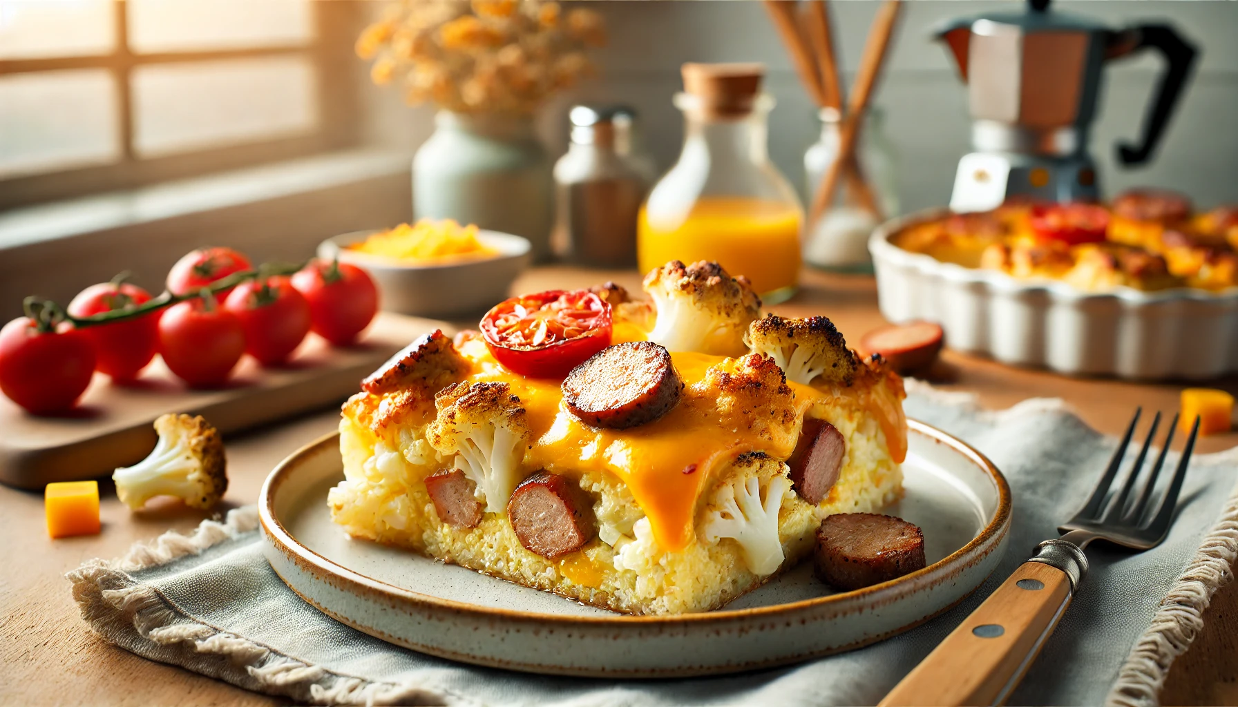 Keto Breakfast Casserole with Sausage Keto breakfast casserole with sausage, cauliflower, and melted cheese on a plate.