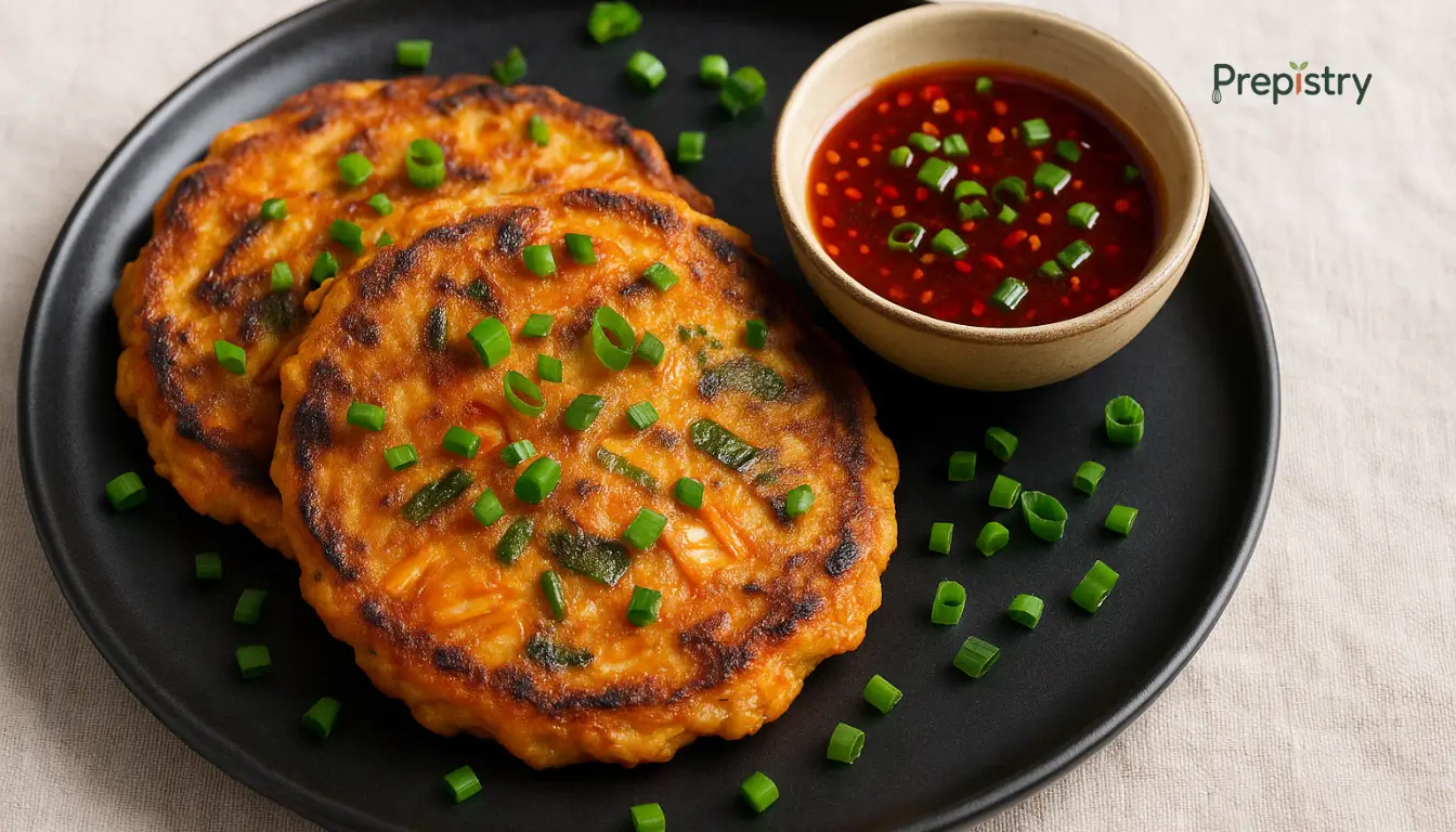 Keto Kimchi Egg Pancakes Keto-friendly kimchi egg pancakes garnished with scallions and served with dipping sauce