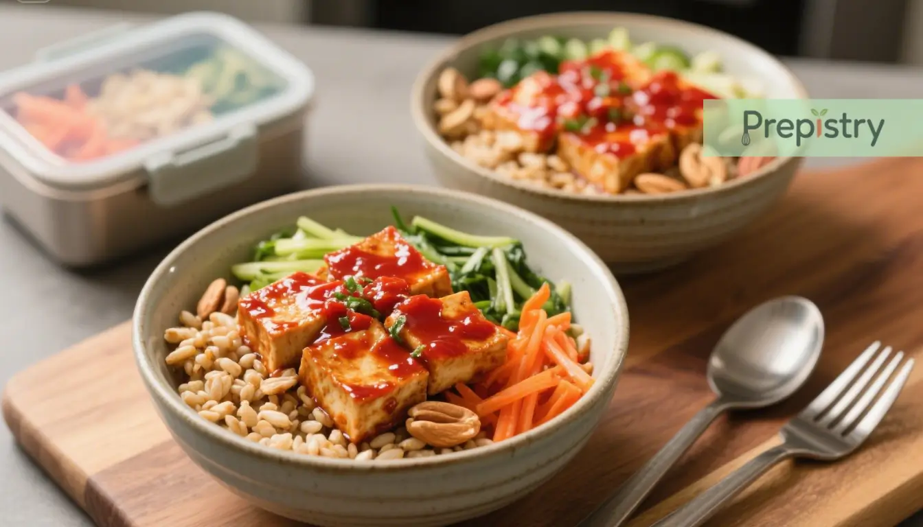 Korean Gochujang Tofu Grain Bowls A Korean tofu grain bowl with gochujang sauce, vegetables, almonds, and fresh greens.