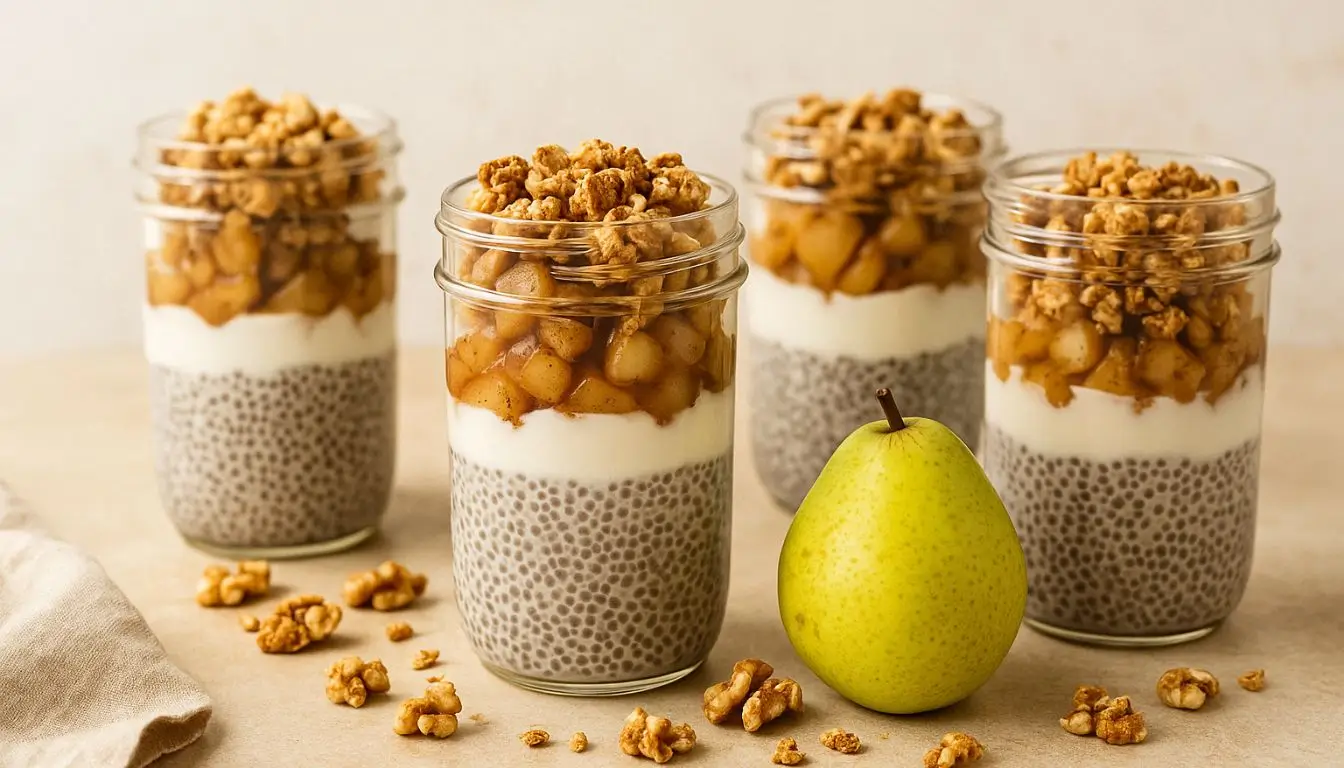 Chia pudding jars layered with yogurt, spiced pears, and granola beside a fresh green pear