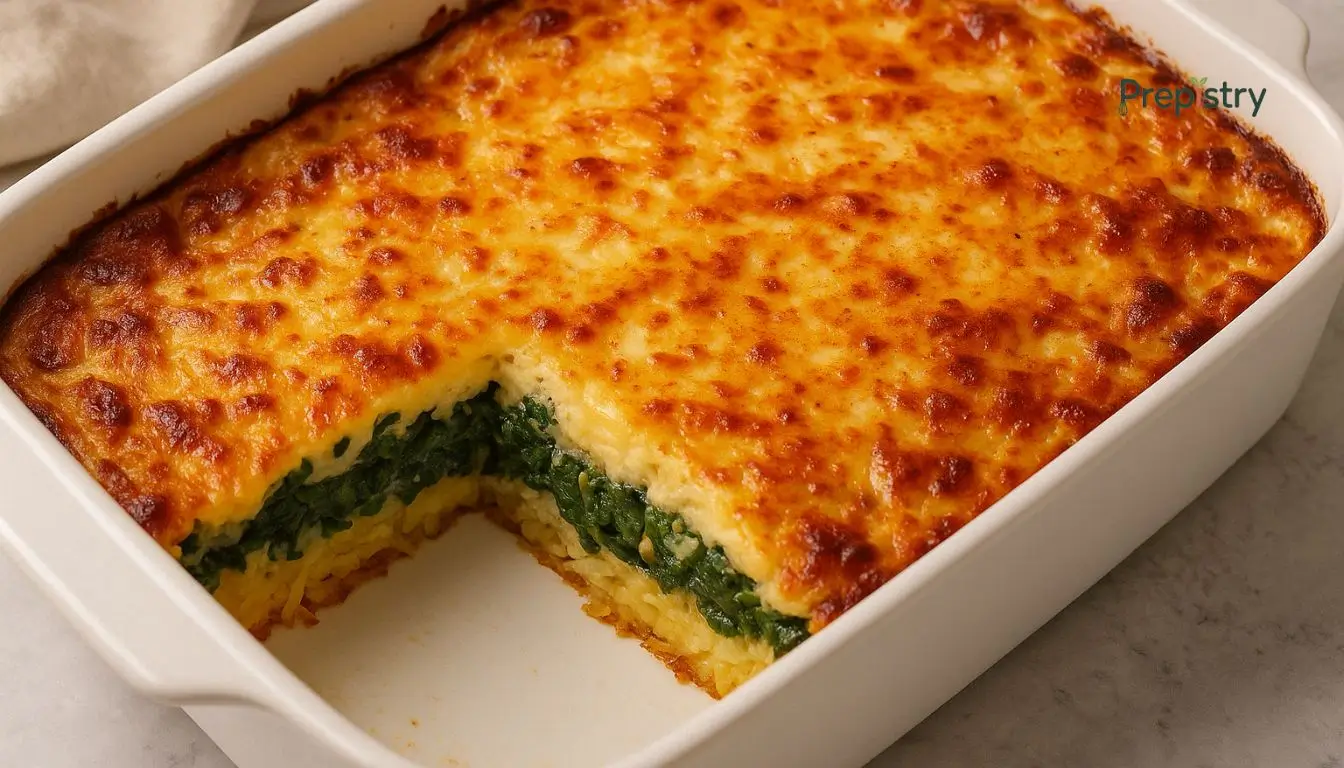 Layered Veggie Hash Brown Breakfast Bake Golden breakfast casserole with layers of hash browns, spinach, and cheese