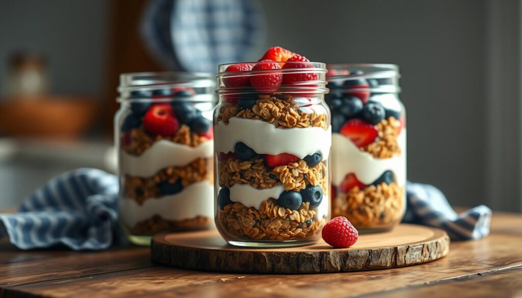 Layered mason jar breakfast, nestled in a cozy, minimal kitchen setting. A rustic wooden table supports a trio of glass jars, each filled with a delectable breakfast parfait. Vibrant layers of Greek yogurt, granola, and fresh berries create a visually stunning arrangement, bathed in soft, natural lighting that accentuates the textures and colors. Subtle blue accents, like a patterned kitchen towel, complement the earthy tones, evoking a sense of tranquility and wholesome nourishment. The scene is framed by a clean, uncluttered background, allowing the mason jars to take center stage and showcase the thoughtful layering and presentation of this make-ahead breakfast delight.