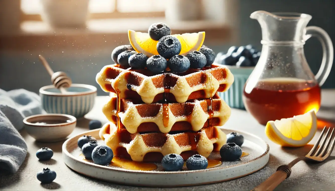 Lemon Blueberry Protein Waffles A stack of waffles topped with blueberries and lemon slices, drizzled with syrup.