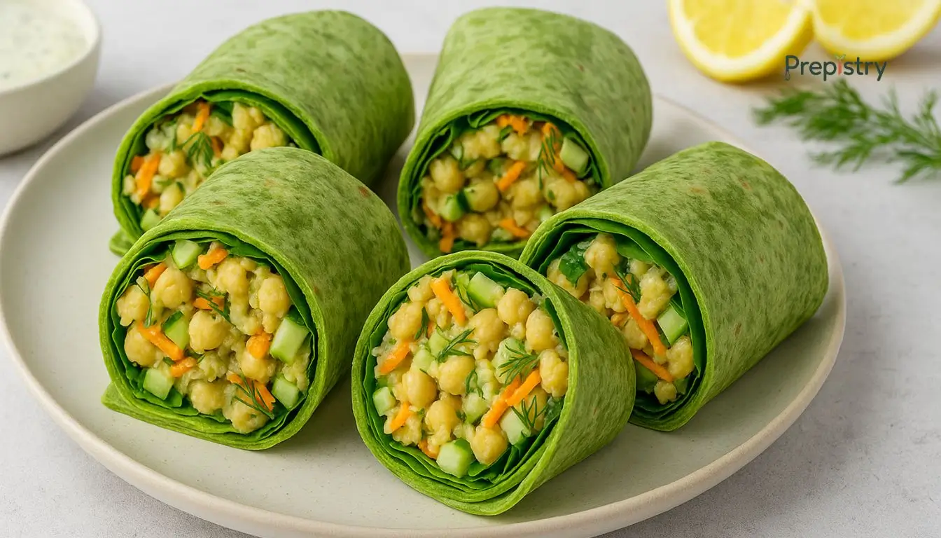 Lemon Dill Chickpea Salad Wraps Fresh lemon dill chickpea salad wraps on a plate with greens and lemon slices