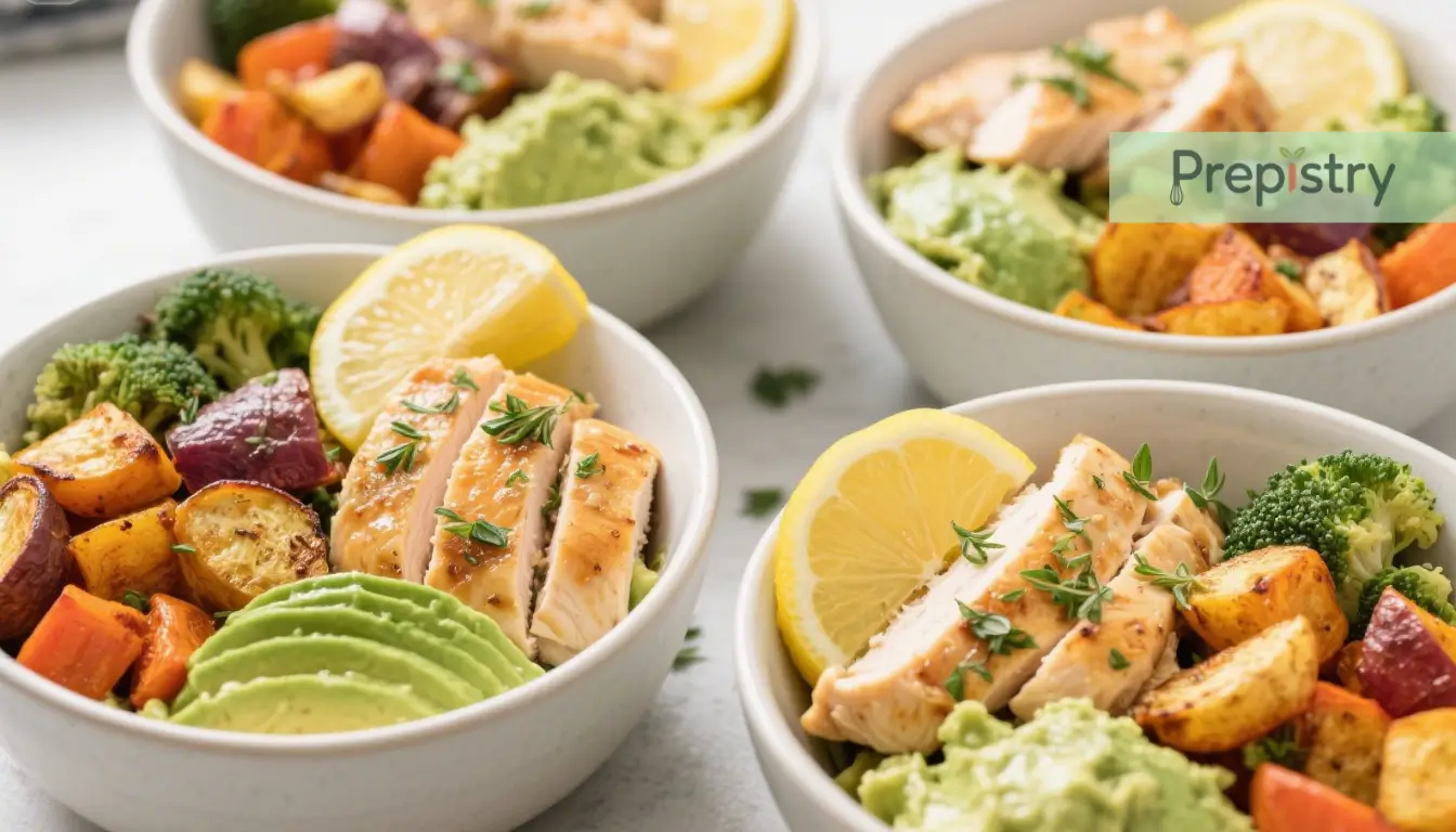 Lemon-Herb Chicken Roasted Vegetables Lemon-herb grilled chicken, roasted vegetables, and avocado served in a bowl.