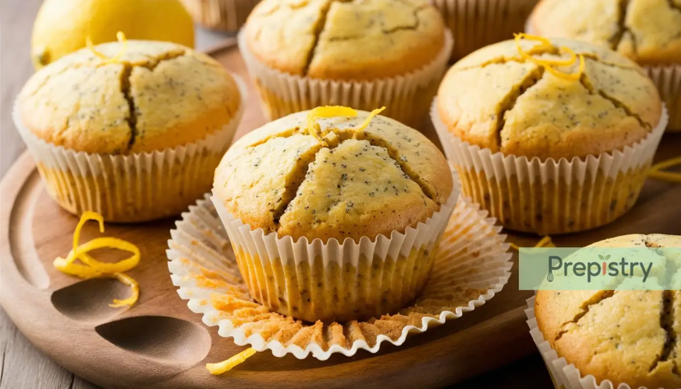 Lemon Poppy Seed Protein Breakfast Muffins Close-up of lemon poppy seed protein muffins with cracked tops and zest garnish