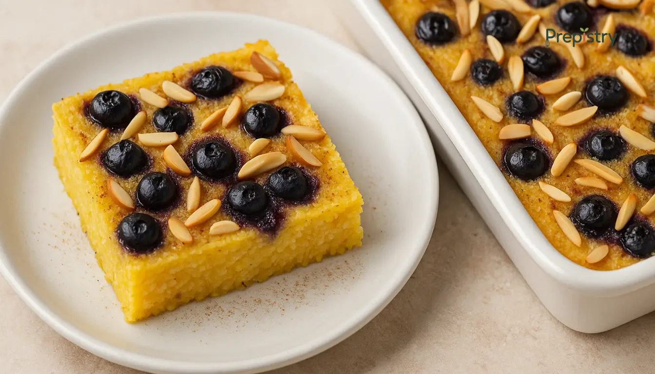 Make-Ahead Baked Breakfast Polenta Slice of baked polenta topped with blueberries and slivered almonds