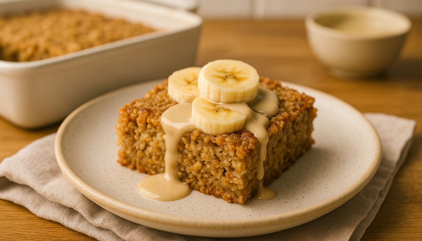 Maple Tahini Baked Breakfast Porridge Slice of baked breakfast porridge topped with banana slices and creamy tahini drizzle.