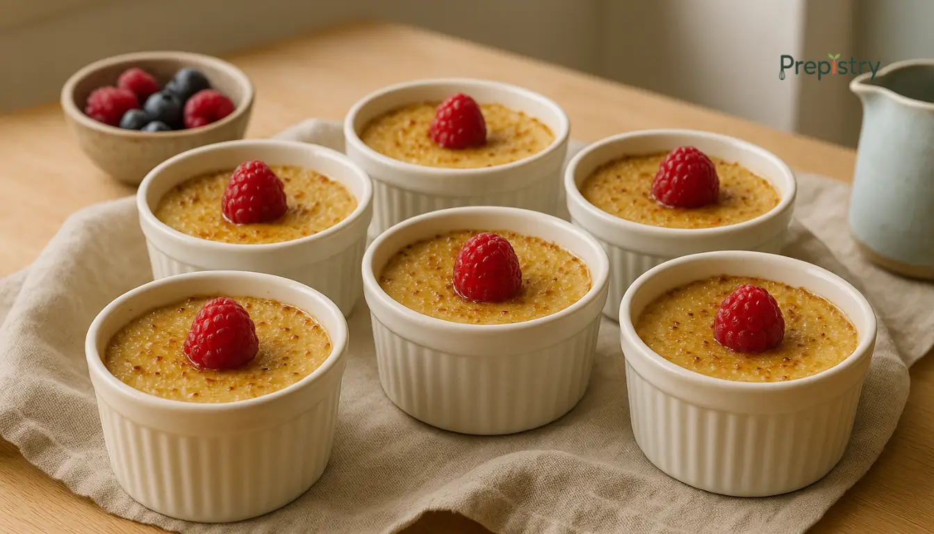 Maple-Vanilla Quinoa Breakfast Custards Six golden quinoa custards topped with raspberries in ramekins on a cloth-covered table