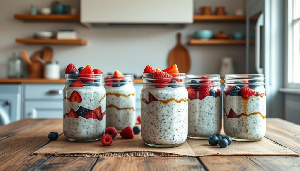 Meal prep jars for overnight oats, arranged on a rustic wooden table in a cozy kitchen. The jars are filled with layers of creamy oats, fresh berries, and a drizzle of honey, creating a visually appealing and healthy breakfast. Warm, natural lighting casts a soft glow, highlighting the vibrant colors and textures. In the background, a minimalist kitchen with light blue accents adds to the calming, organized atmosphere, perfect for busy mornings. The image conveys the ease and convenience of meal prepping nutritious breakfasts that are ready to go.