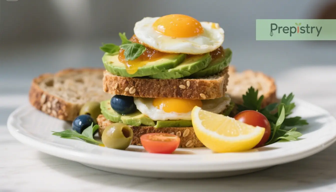 Healthy avocado and egg breakfast stack on toasted bread, with fresh vegetables and a lemon wedge.
