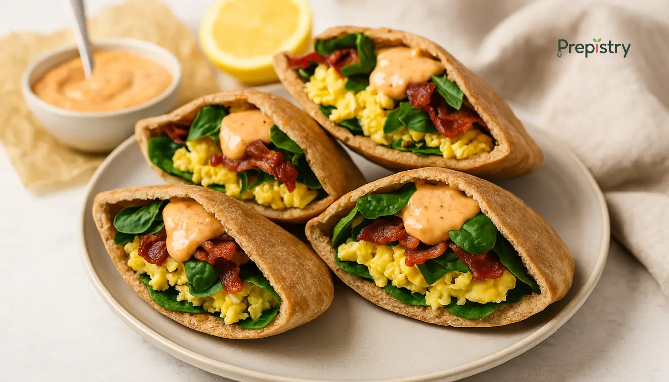 Mediterranean Breakfast Pita Pockets Mediterranean breakfast pita pockets filled with eggs, spinach, crispy prosciutto, and aioli.