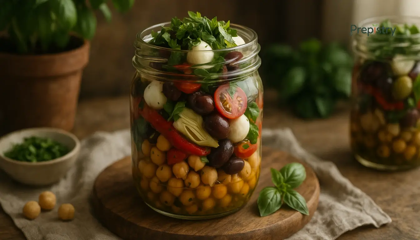 Mediterranean Chickpea Antipasto Jars Mediterranean chickpea antipasto jar with roasted peppers, olives, mozzarella, and herbs