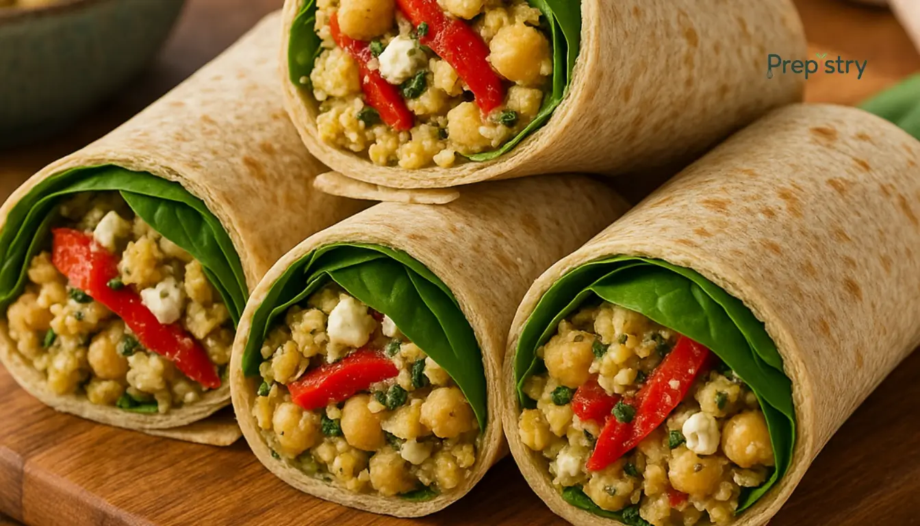 Mediterranean Chickpea and Roasted Red Pepper Mediterranean chickpea and roasted red pepper salad wraps on a wooden board