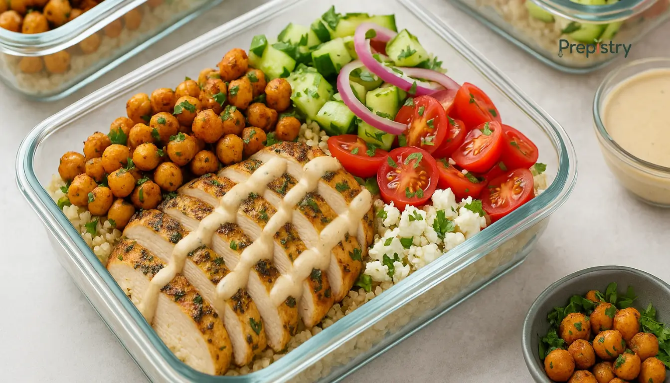 Mediterranean Herb Chicken Fresh Mediterranean bowl with grilled chicken, chickpeas, quinoa, and vibrant vegetables