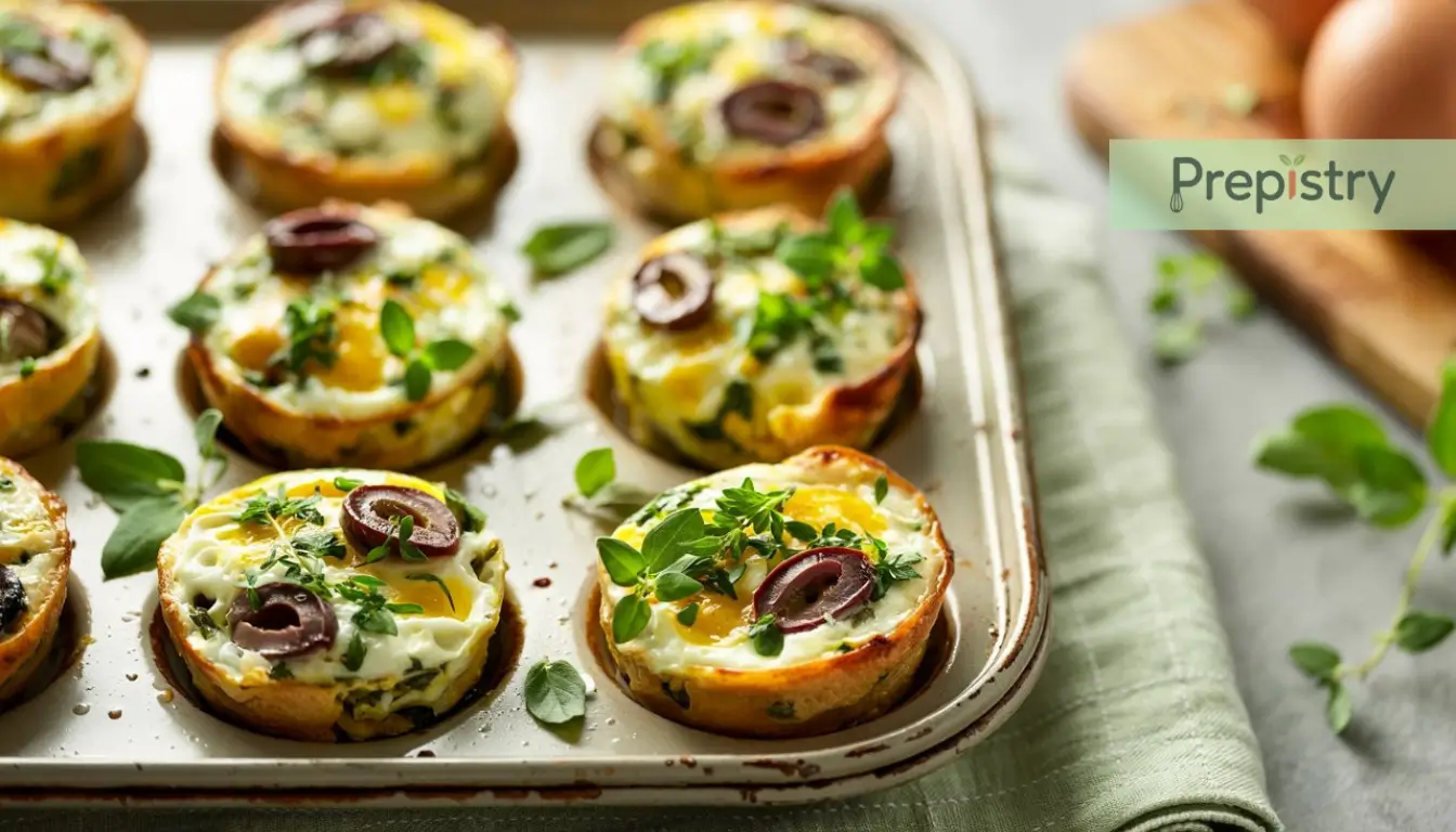 Mediterranean Herb & Olive Egg Bites A close-up of Mediterranean herb and olive egg bites in a baking tray.