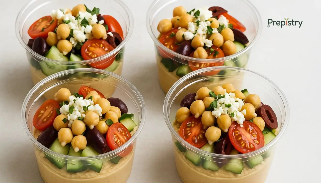 Mediterranean Hummus Lunch Cups Single-serve Mediterranean hummus cups with chickpeas, olives, cucumber, and feta